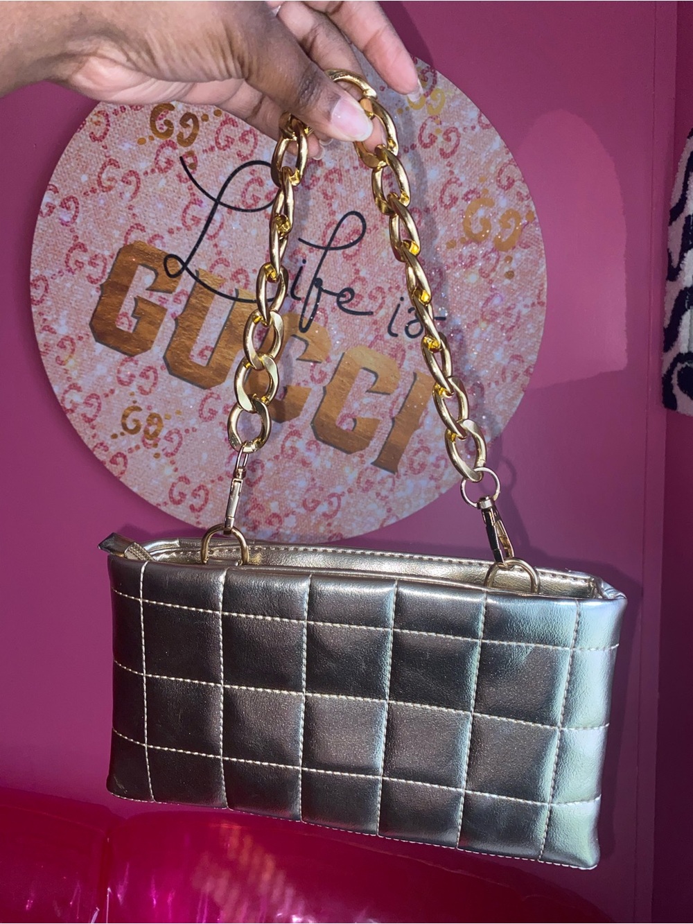 Fashion Nova Metallic Gold Quilted Shoulder Bag with Chain Handle